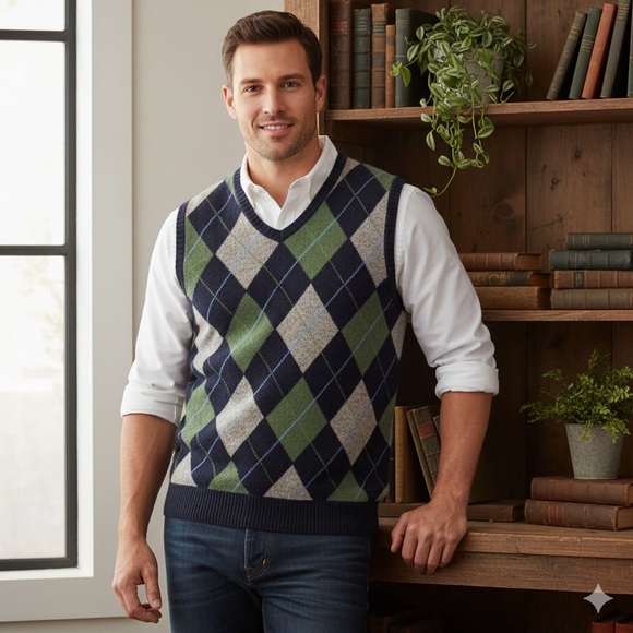 J Crew 100% Lambs Wools Mens‎ Argyle Sweater Vest Sz L Academia Preppy Classic - Picture 1 of 15